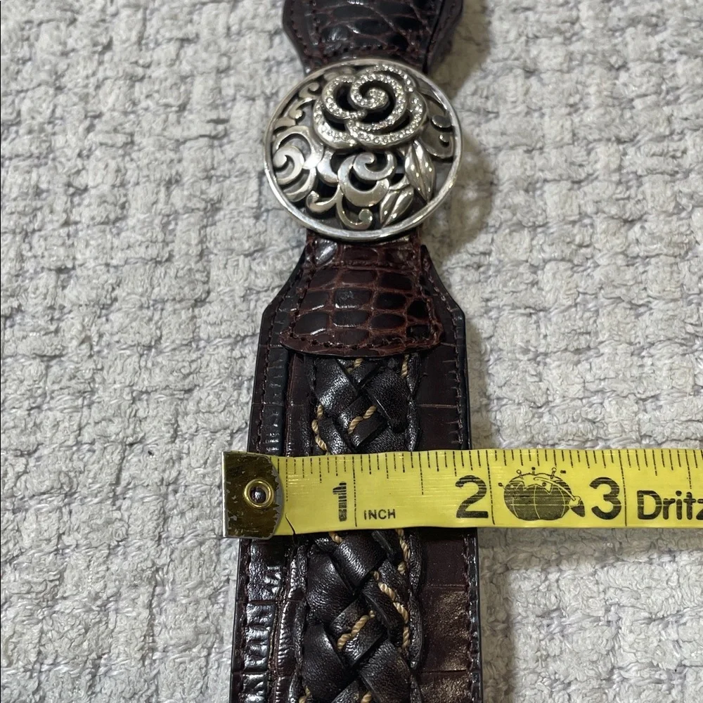 BRIGHTON Belt Brown Woven Croc Leather Concho Rhinestones Silvertone Size 36
